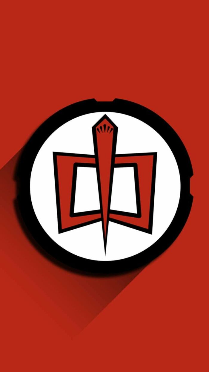 Retro emblem design with bold red and black shapes on a white circle background, evoking nostalgic vibes for people who feel old now