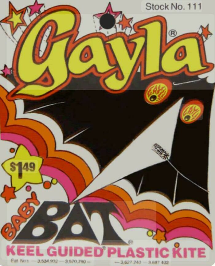 Retro nostalgic packaging of Gayla baby bat keel guided plastic kite from vintage toy collection showing colorful design and price tag.