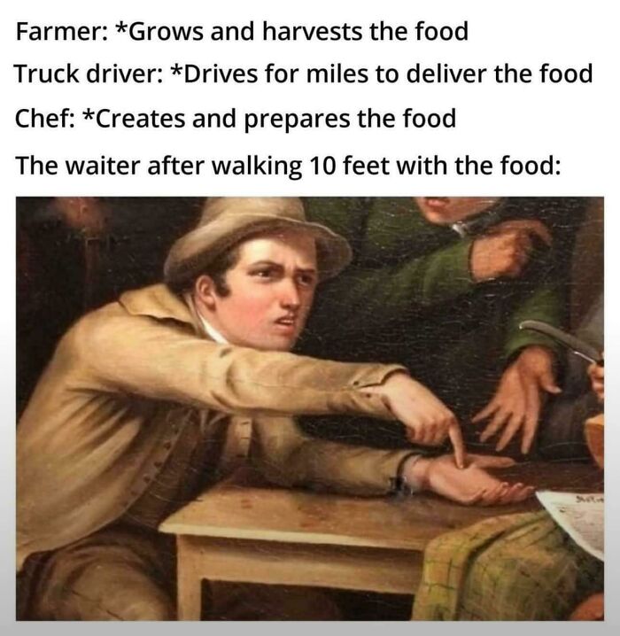 Man pointing in a painting illustrating internet humor about different roles in food delivery.