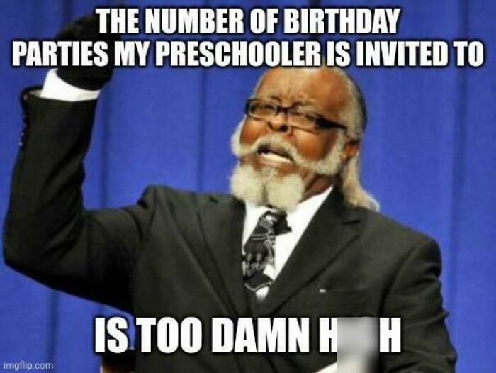 Man humorously expressing surprise at the high number of birthday parties for his preschooler, highlighting dad experiences.