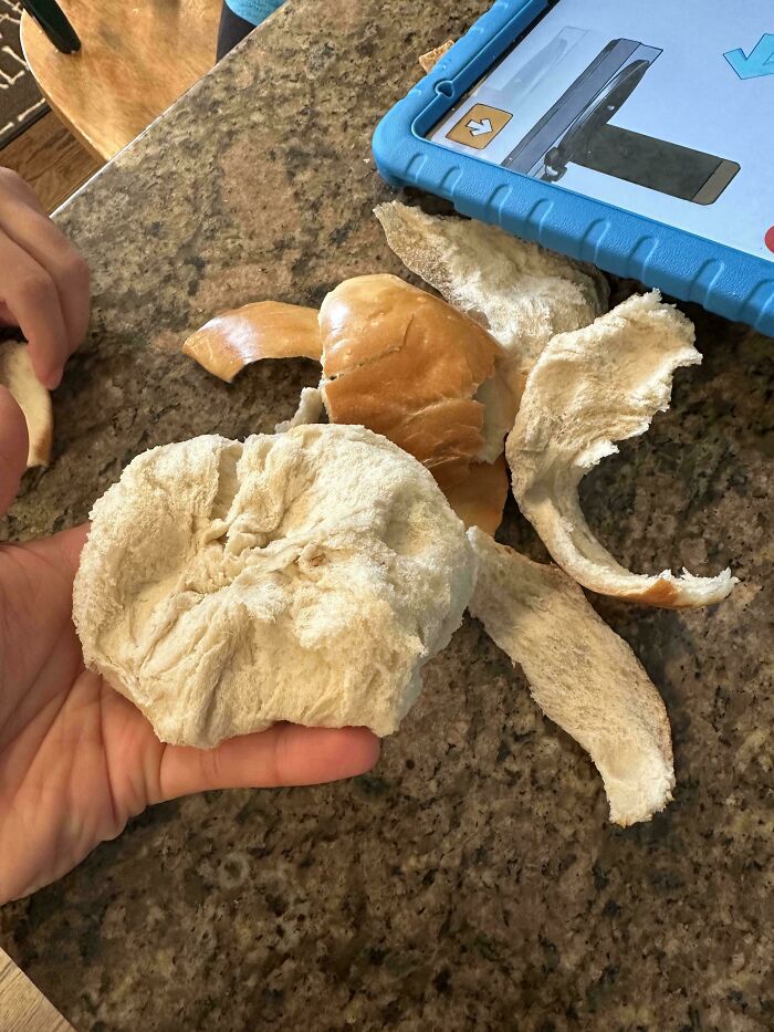 Bread peeled like a fruit held in hand, with a blue tablet nearby, showcasing dad creativity in a wholesome setting.