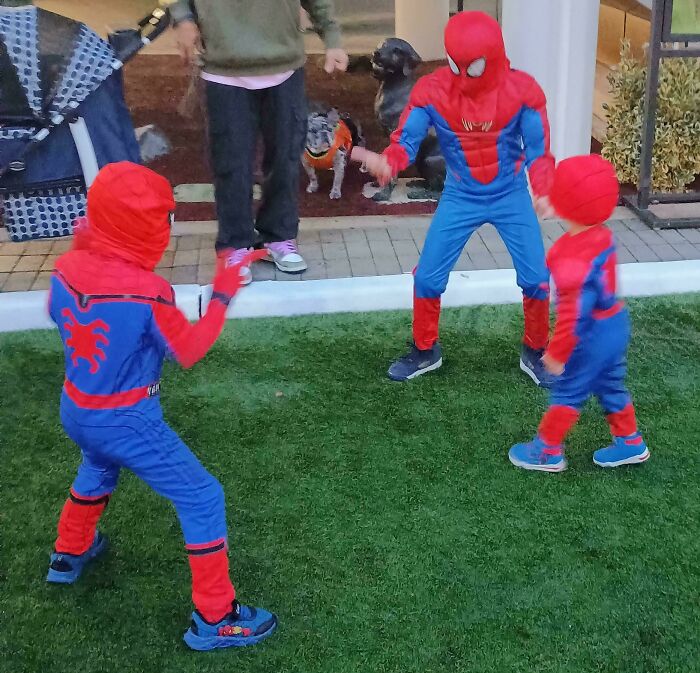Kids dressed as Spider-Man on a lawn, with a parent watching nearby, illustrating a wholesome dad moment.