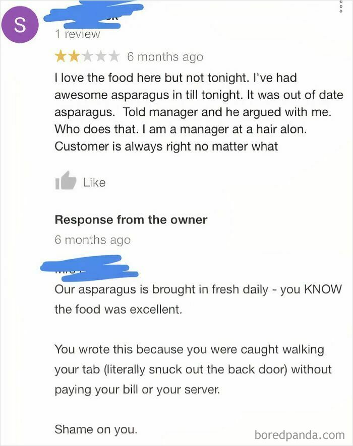 Review exchange showing entitled customer complaint and owner's sarcastic response.