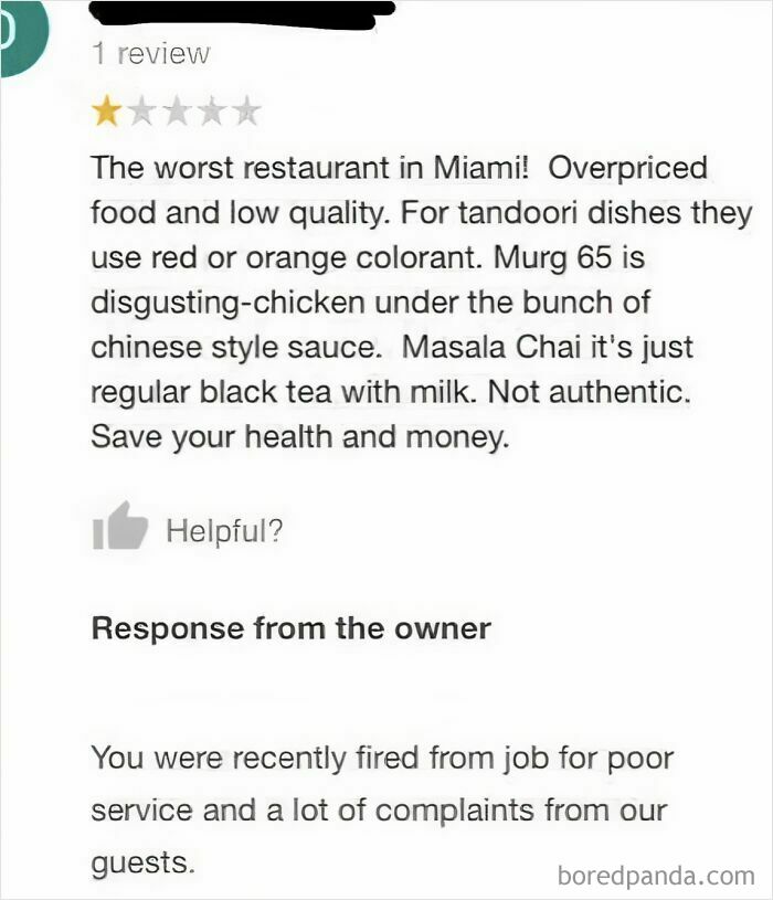 Restaurant review with one star rating for entitled behavior; owner responds criticizing former employee's service.