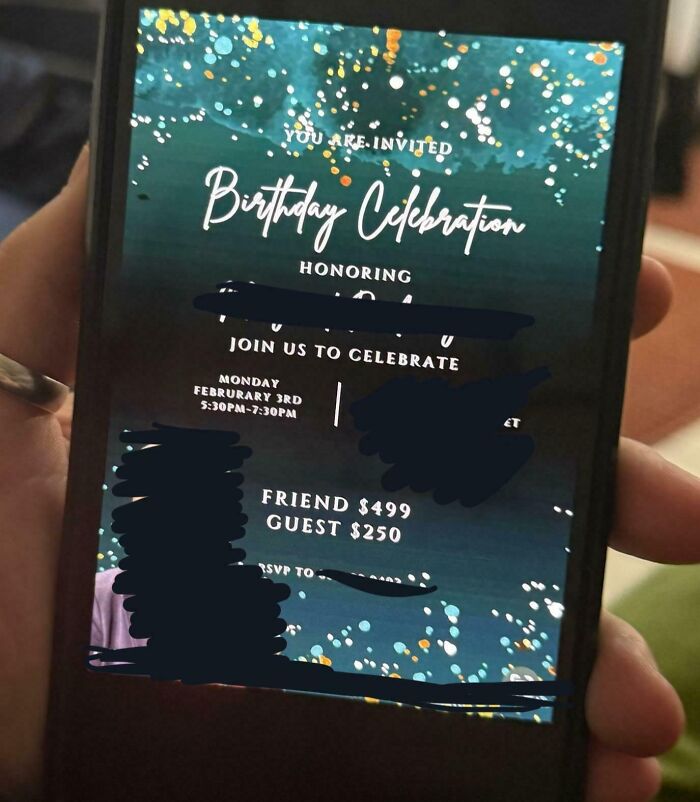 Entitled invitation on phone for a costly birthday celebration, highlighting high guest fees.