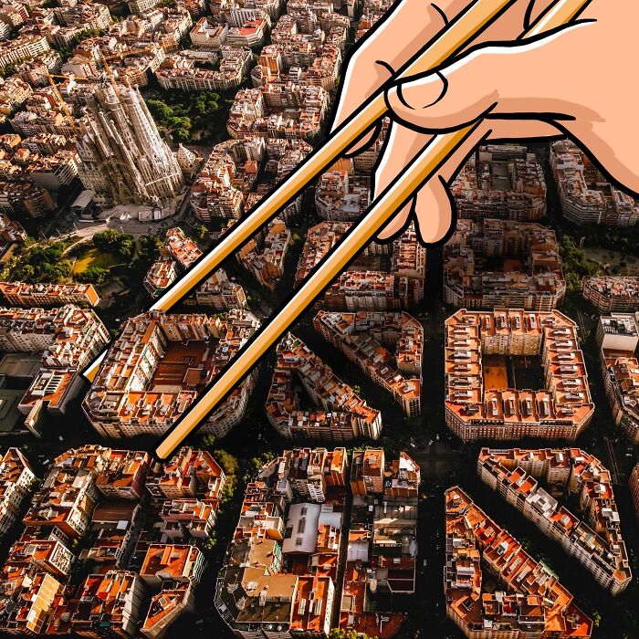 Creative illustration of a hand using chopsticks over a scenic city photo by Robin Yayla.