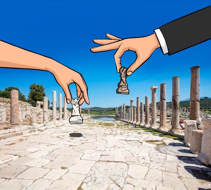 Illustrations of hands holding chess pieces on a scenic ancient ruins background.