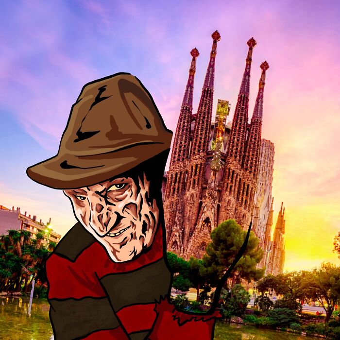Illustration by Robin Yayla overlaying a scenic photo of the Sagrada Familia at sunset.