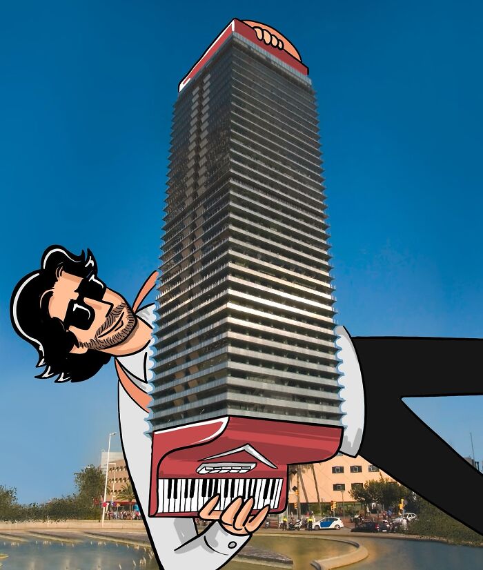 Creative illustration of a cartoon man playing a skyscraper like a piano, against a cityscape background.