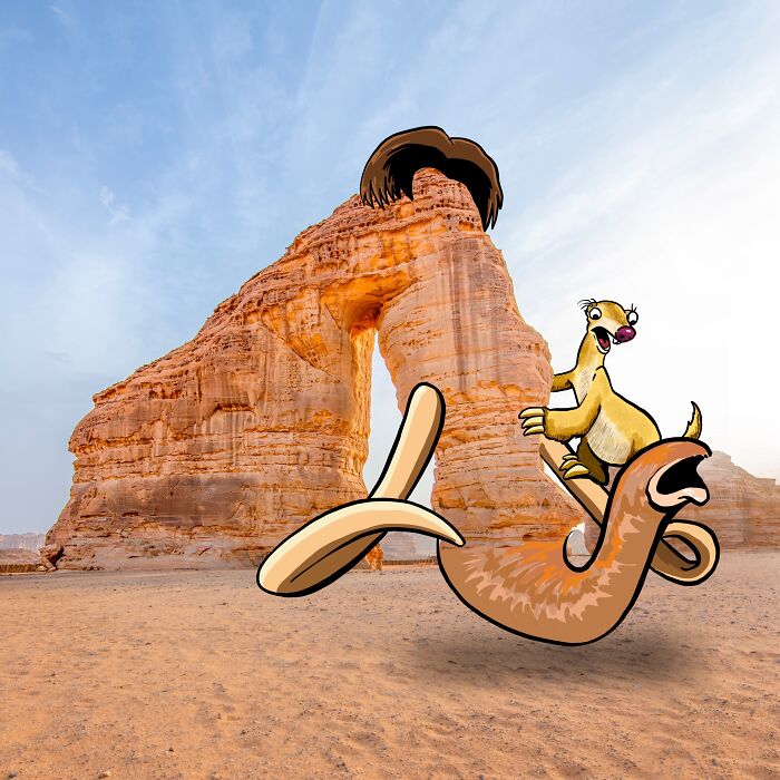 Cartoon animal surfing near a scenic rock formation, a creative illustration by Robin Yayla.