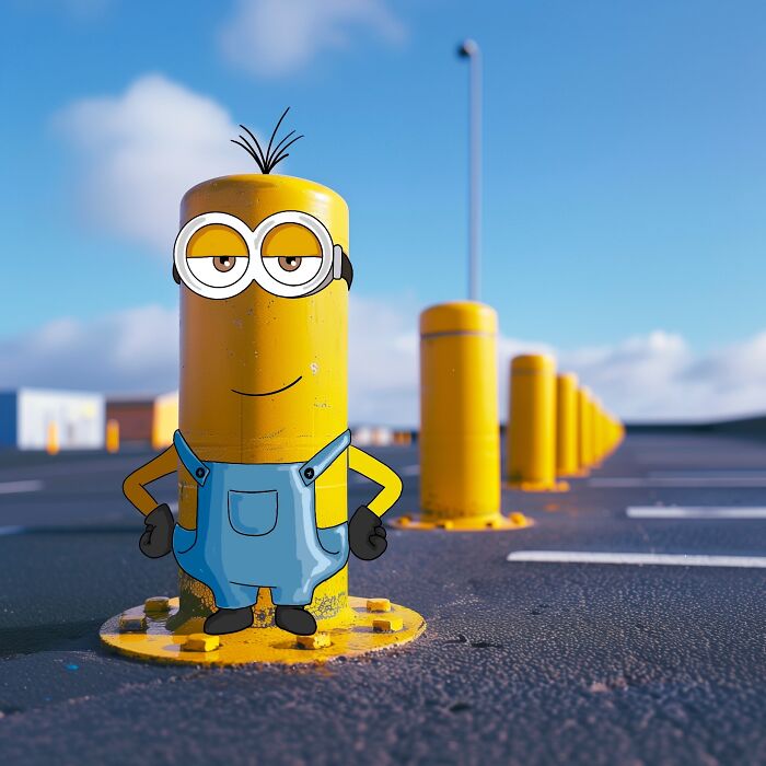 Creative illustration of a yellow character drawn on a parking bollard, blending with the scenic background.