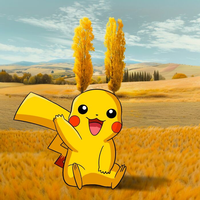 Illustration of a cartoon character on a scenic landscape by Robin Yayla, with vibrant yellow trees and fields.