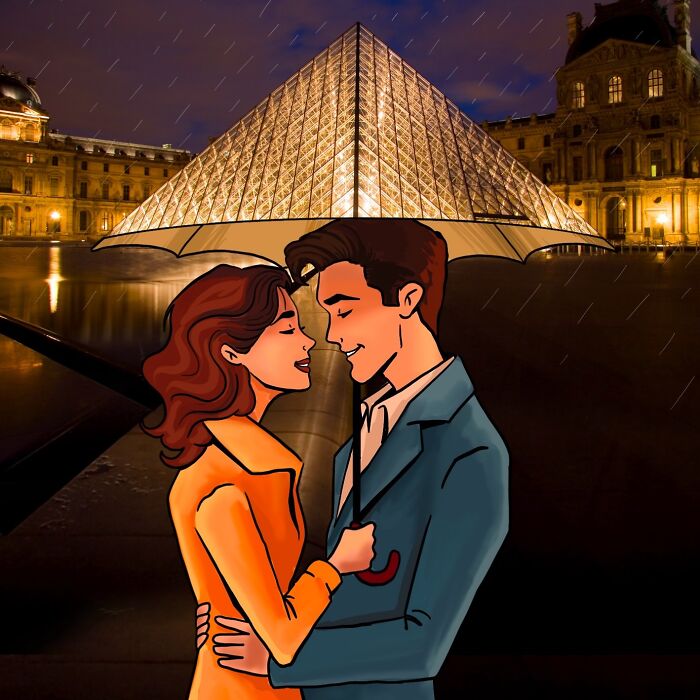 Illustration of a couple embracing under an umbrella in front of the Louvre, with creative artwork blending into the scenic photo.