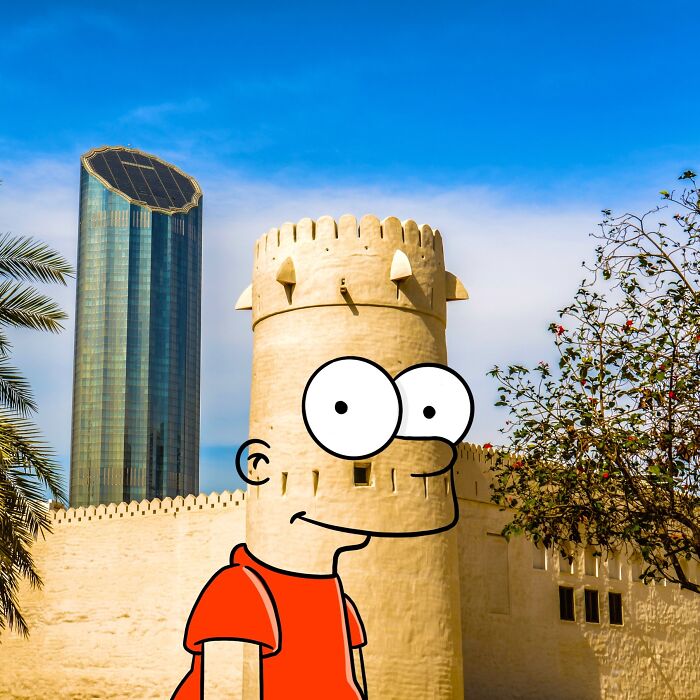 Cartoon character illustration by Robin Yayla on a scenic photo with historic architecture and modern skyscraper.