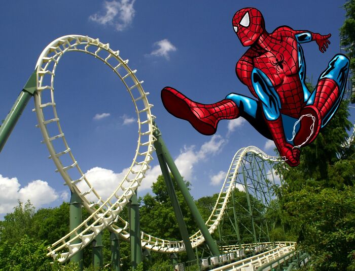 Creative illustration of a superhero jumping over a scenic roller coaster track.