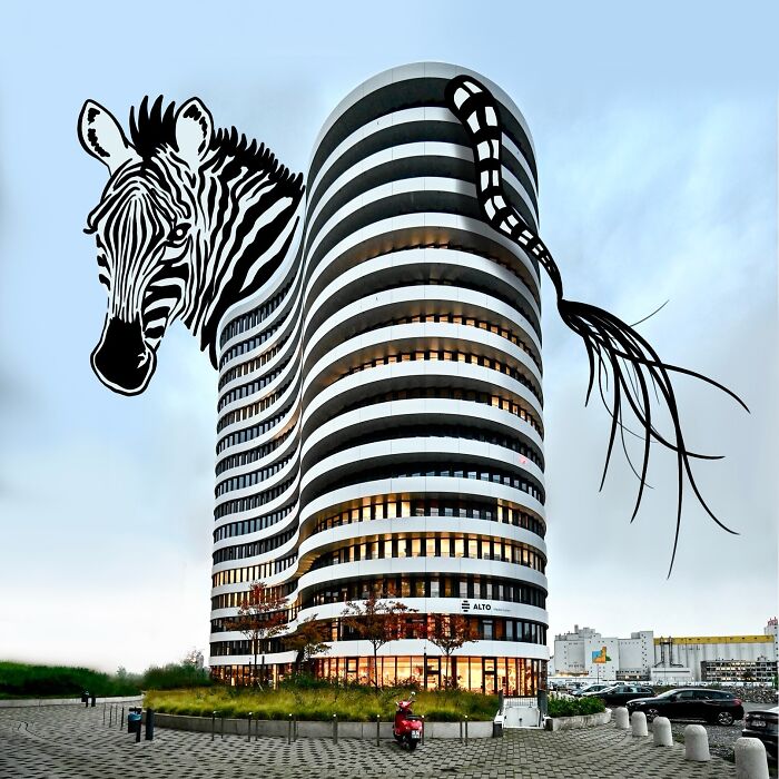 Scenic photo with creative zebra illustration merging into a curved building by Robin Yayla.