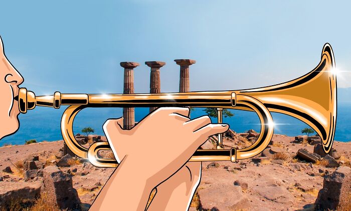 Creative illustration by Robin Yayla of a trumpet integrated with ancient ruins in a scenic photo.
