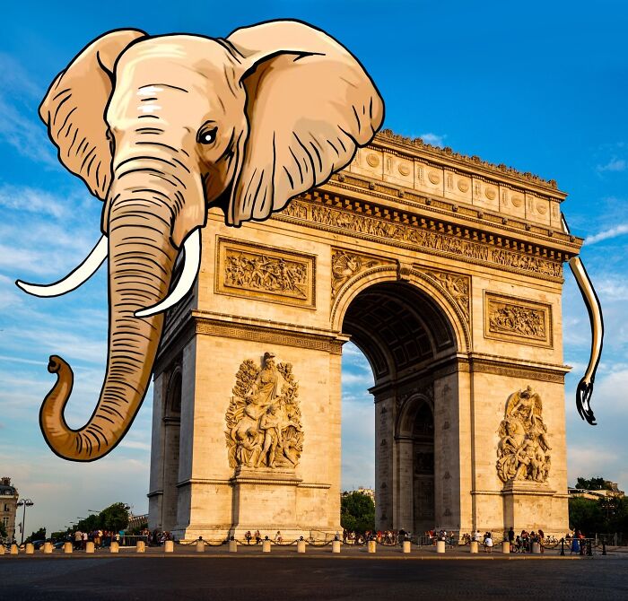 Illustration of an elephant drawn over the Arc de Triomphe in a scenic photo by Robin Yayla.