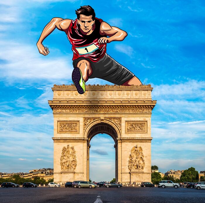 Illustration of a runner jumping over the Arc de Triomphe on a scenic photo by Robin Yayla.