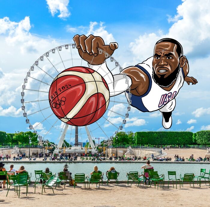 Creative illustration of a basketball player in front of a scenic Ferris wheel and pond.