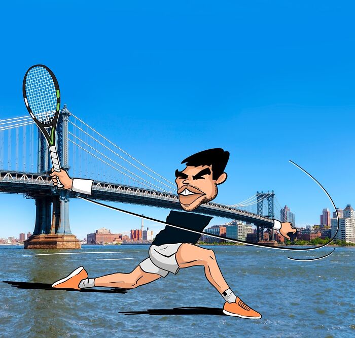 Illustration of tennis player in action, drawn on a scenic photo of a bridge and cityscape by Robin Yayla.