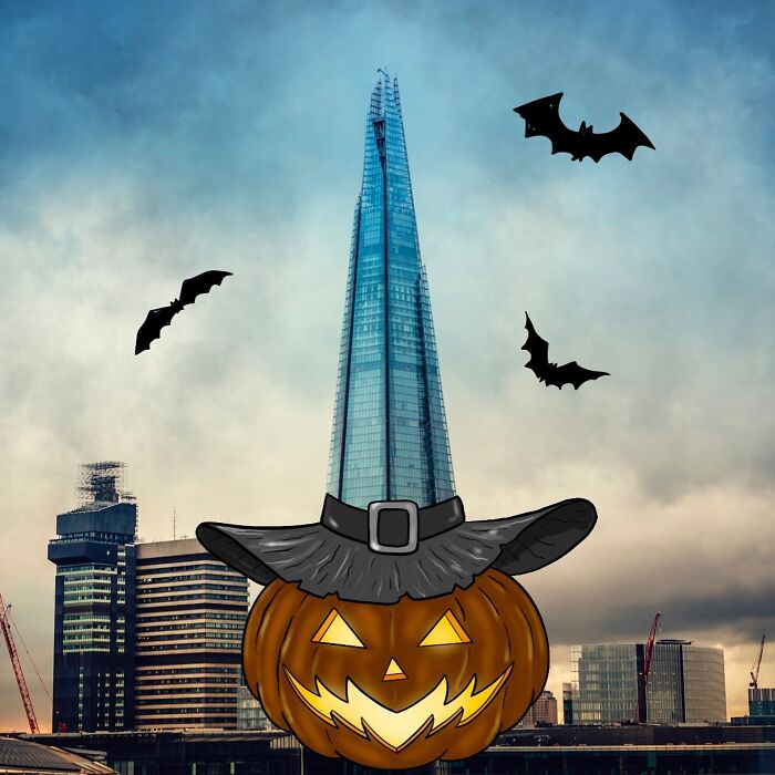 Creative illustration of a Halloween pumpkin with bats drawn on a photo of a city skyline.