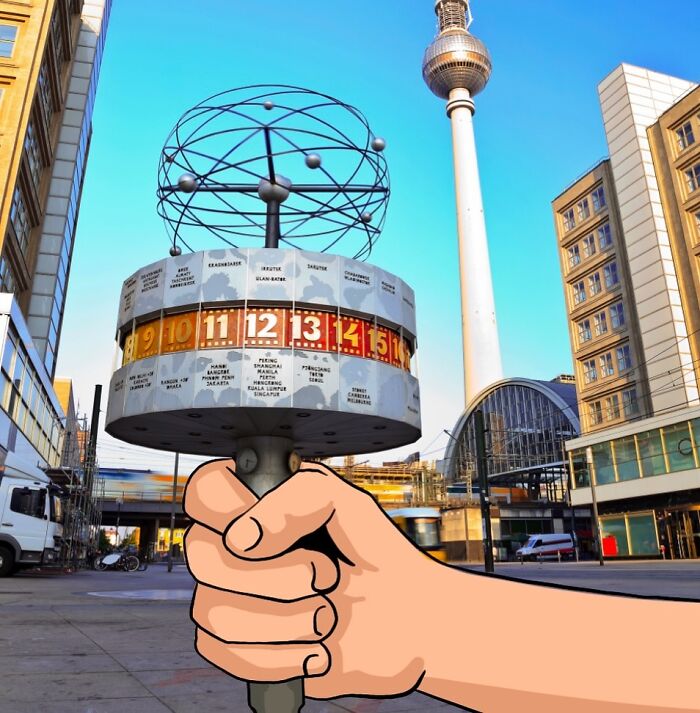Creative illustration of a hand-drawn microphone overlayed on a scenic photo featuring a cityscape and a tower.
