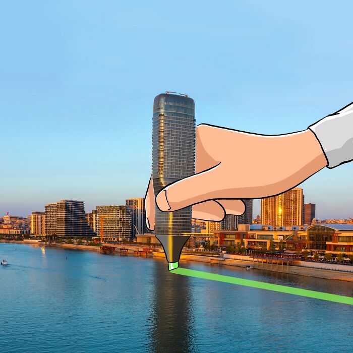 Illustration by Robin Yayla: a hand with a marker appears to draw on a scenic photo of a city skyline and waterfront.