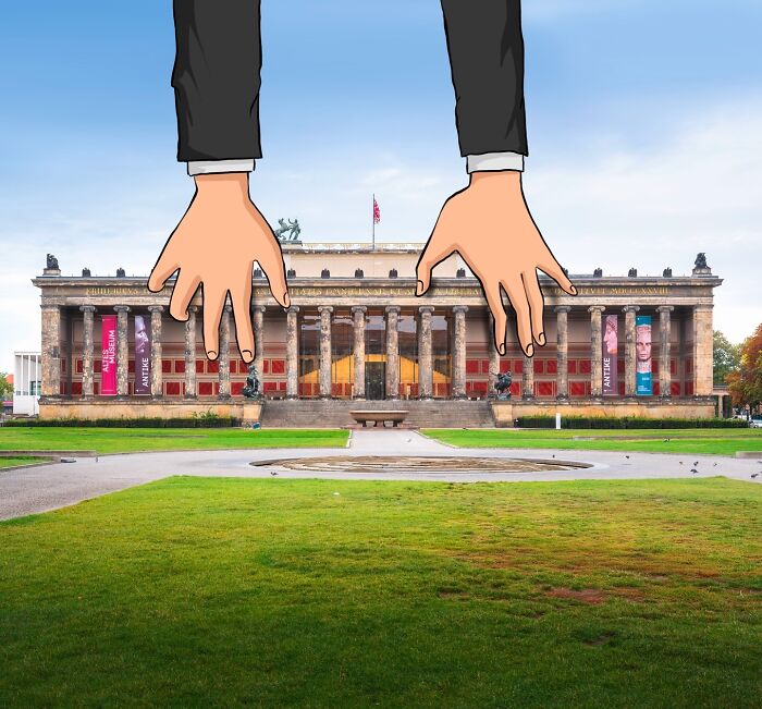 Illustration of giant hands above a scenic museum landscape, combining creativity and photography.