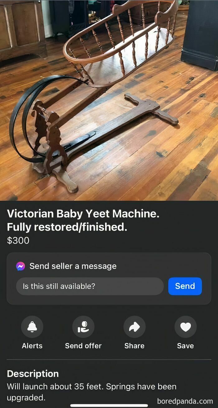 Wooden vintage cradle listed on Facebook Marketplace as "Victorian Baby Yeet Machine" for $300.