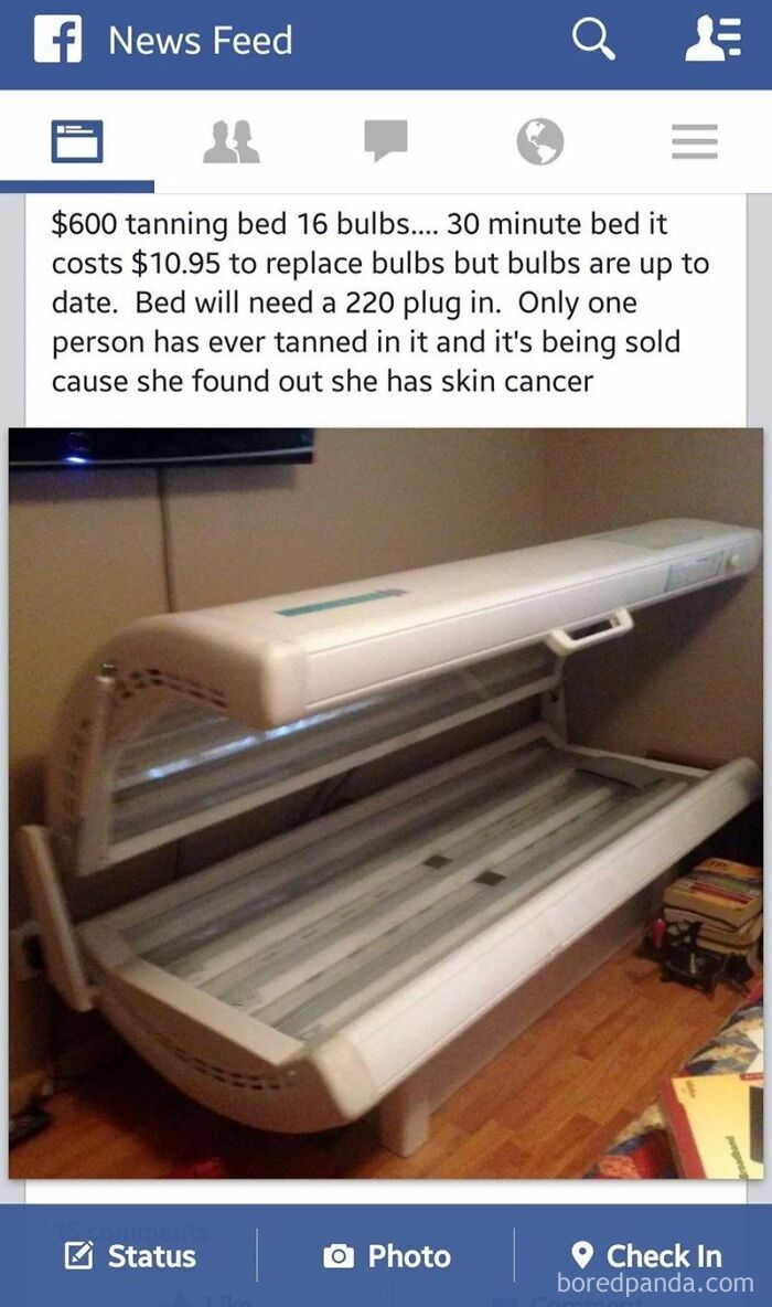 Facebook Marketplace post selling a tanning bed described with health concerns.