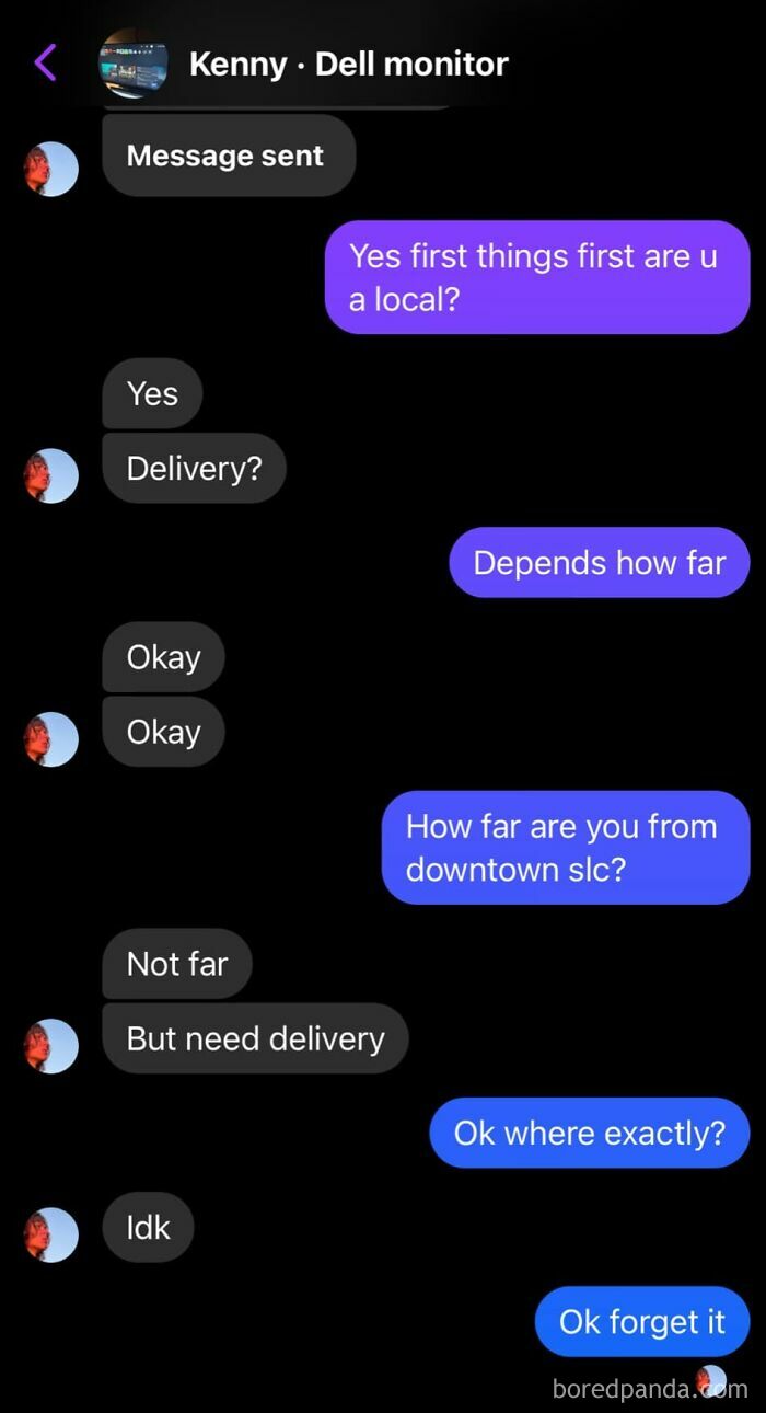 Chat exchange on Facebook Marketplace discussing delivery for a Dell monitor, highlighting bad decision-making.