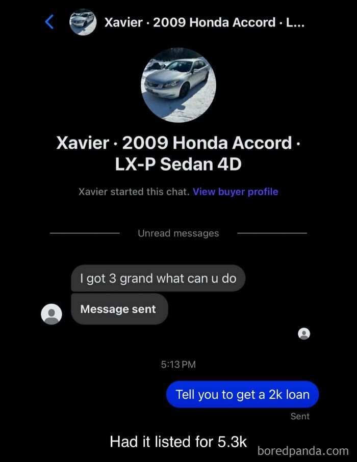 Conversation about a 2009 Honda Accord listing on Facebook Marketplace, discussing a price negotiation issue.