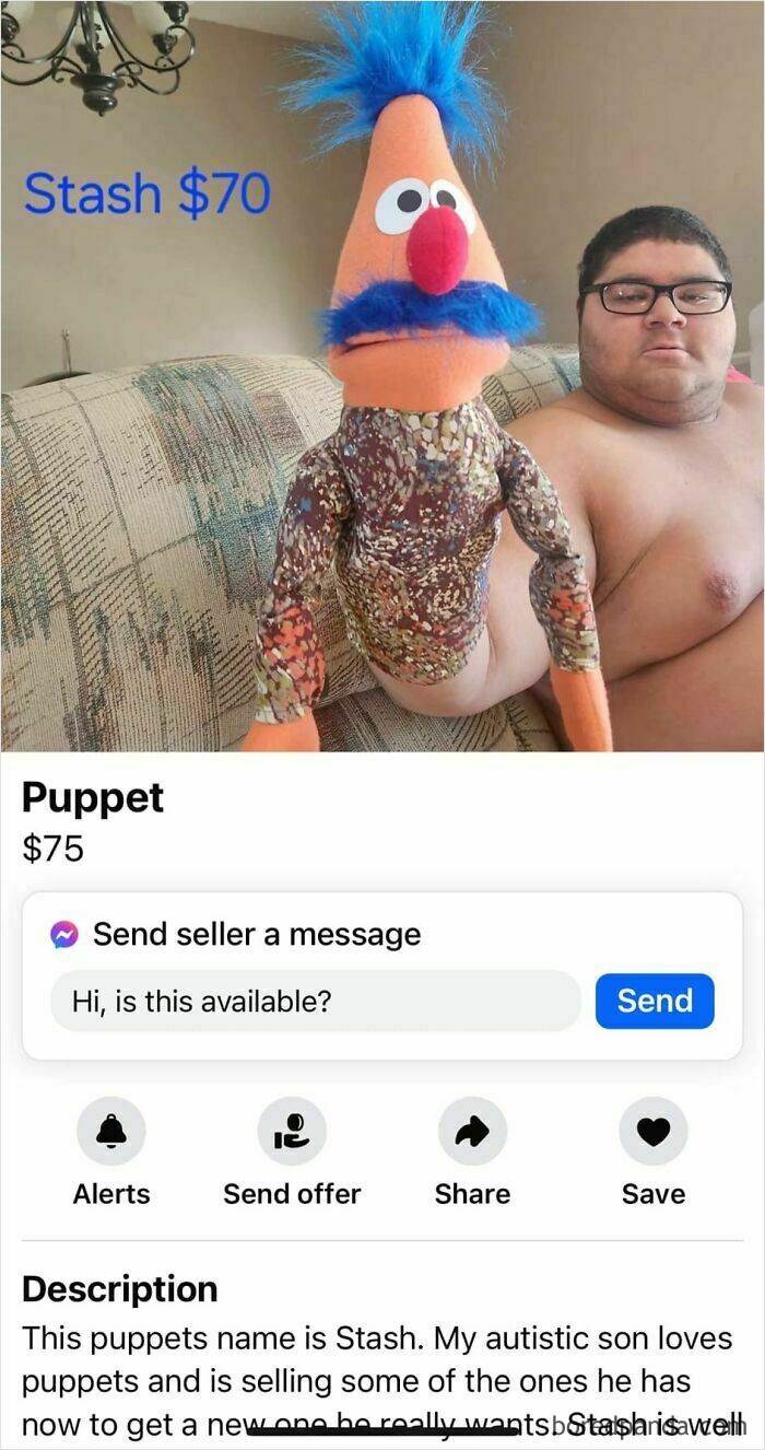 Puppet with blue hair listed for sale on Facebook Marketplace.