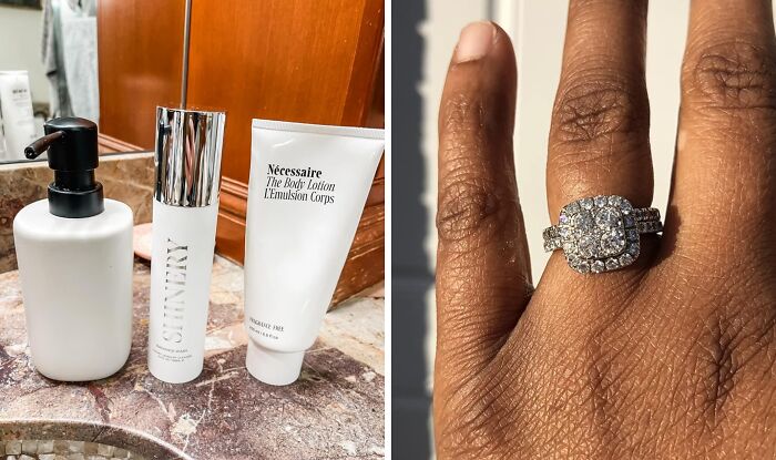 Skincare products from small businesses on Amazon next to a hand wearing a diamond ring.