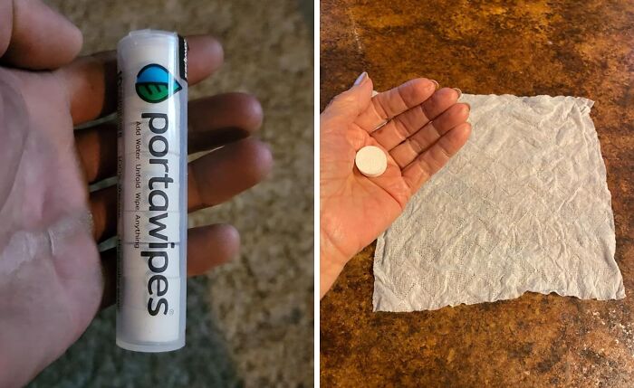 Compact wipes product from small businesses on Amazon, shown in hand before and after expansion.