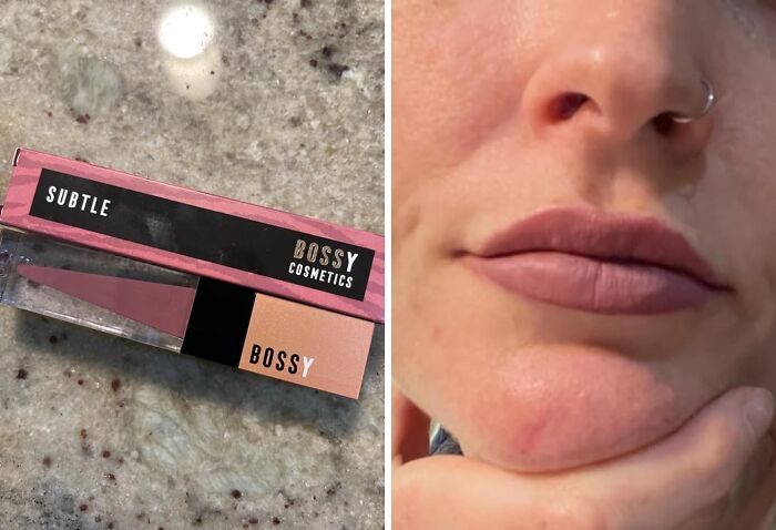 Bossy Cosmetics lip product and close-up of lips, showcasing small businesses on Amazon.