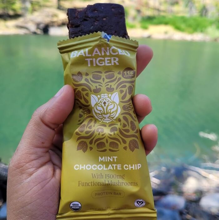 A hand holding a Balanced Tiger protein bar by a lake, showcasing a small business product on Amazon.