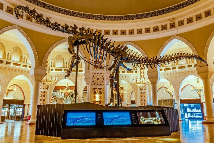 Dinosaur skeleton display inside luxurious Dubai mall, showcasing unique Only-In-Dubai attractions.