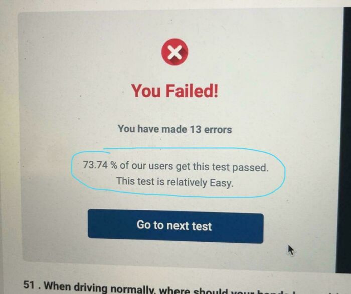 "Screenshot showing a passive-aggressive test failure message with statistics on user success rates."
