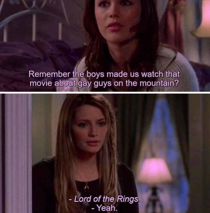 Two women discussing a funny movie mix-up, referencing "Lord of the Rings" in a humorous meme format.