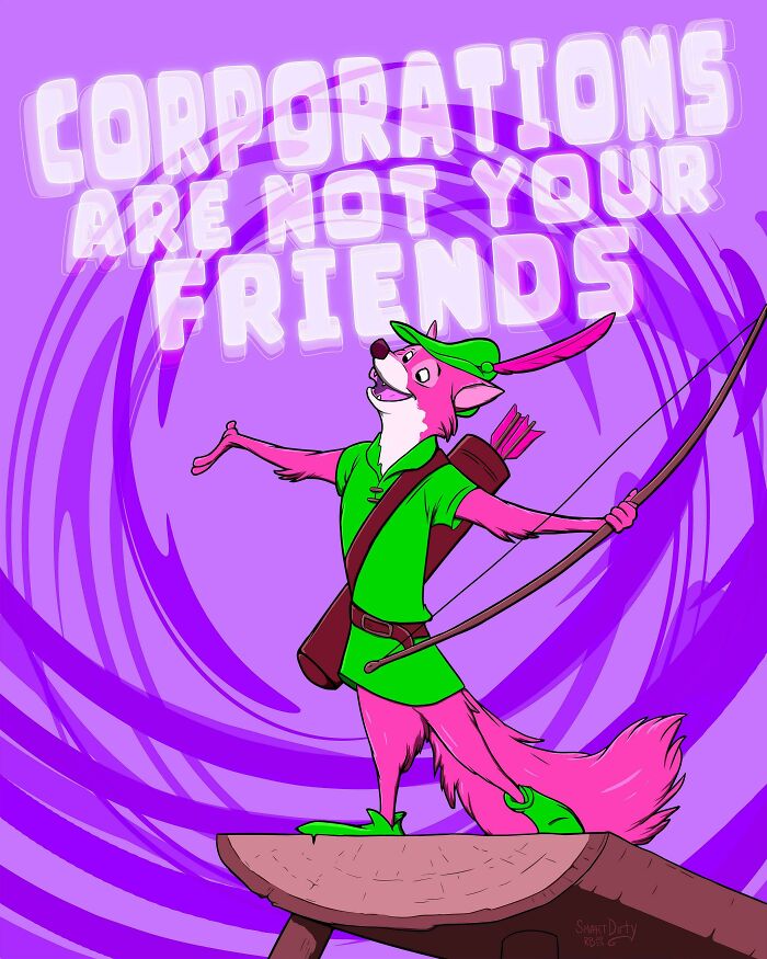 Illustration of a pink fox in green Robin Hood costume with bow under text about corporations, highlighting consumerism issues.