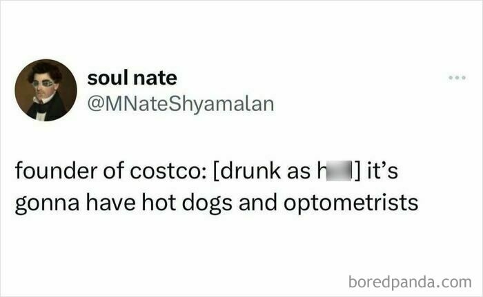 Middle Class Fancy meme with a humorous tweet about Costco's founder wanting hot dogs and optometrists.