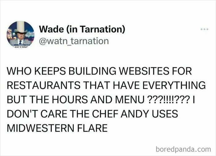 Middle class fancy meme about incomplete restaurant websites, asking who builds them without essential info like hours and menu.