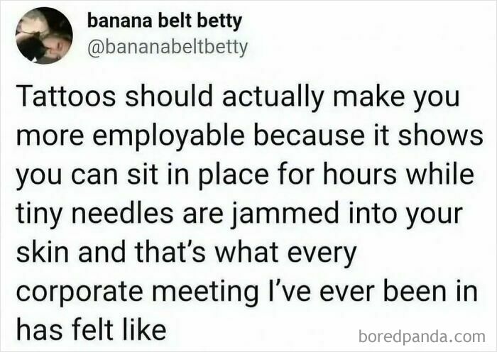 Middle Class Fancy meme comparing tattoos and corporate meetings for employability.