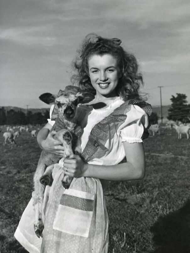 Una mujer joven sostiene un cordero en un campo, evocando días pasados en una foto histórica poco conocida.