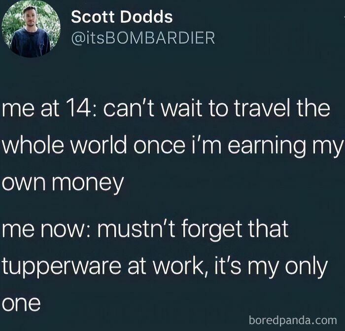 Relatable middle class meme about life priorities shifting from travel dreams to Tupperware concerns.