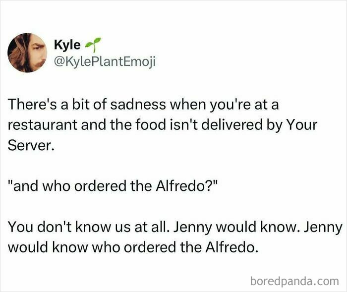 Middle class meme about the disappointment when your usual server doesn’t deliver your food at a restaurant.