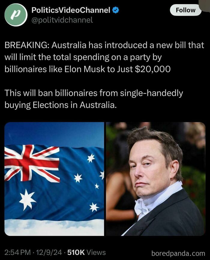 Australian flag and individual in suit; new bill limits billionaire election spending.