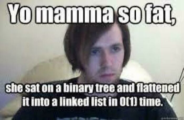 Young man with long hair in a room, featuring a programming meme about binary trees and linked lists in computer science.